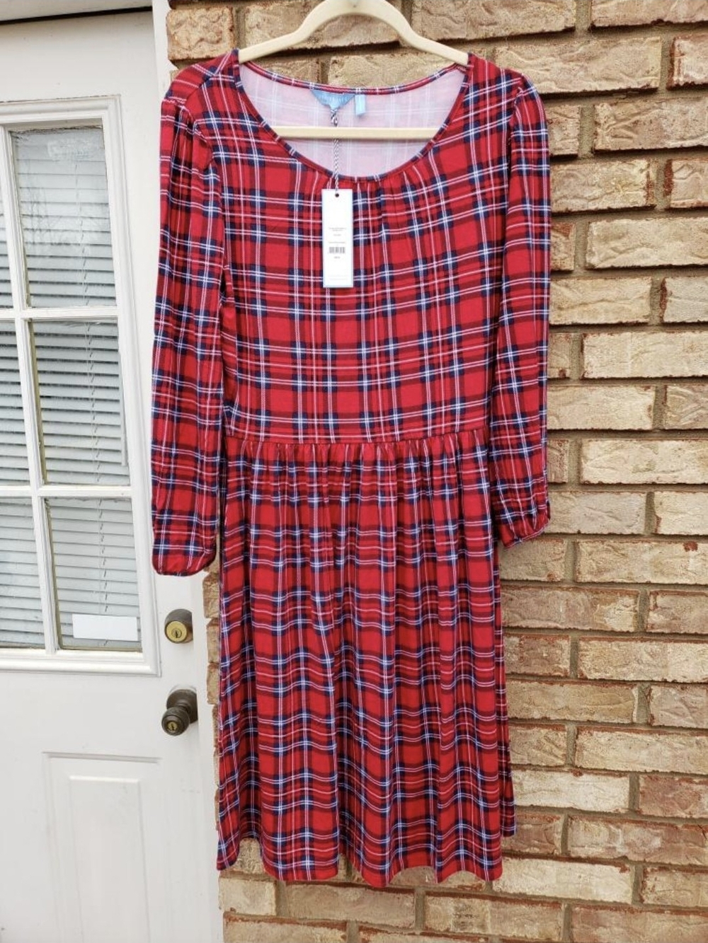 New Women’s Draper James Red Plaid Angie Fit Flare Soft Stretchy Dress $108 SM